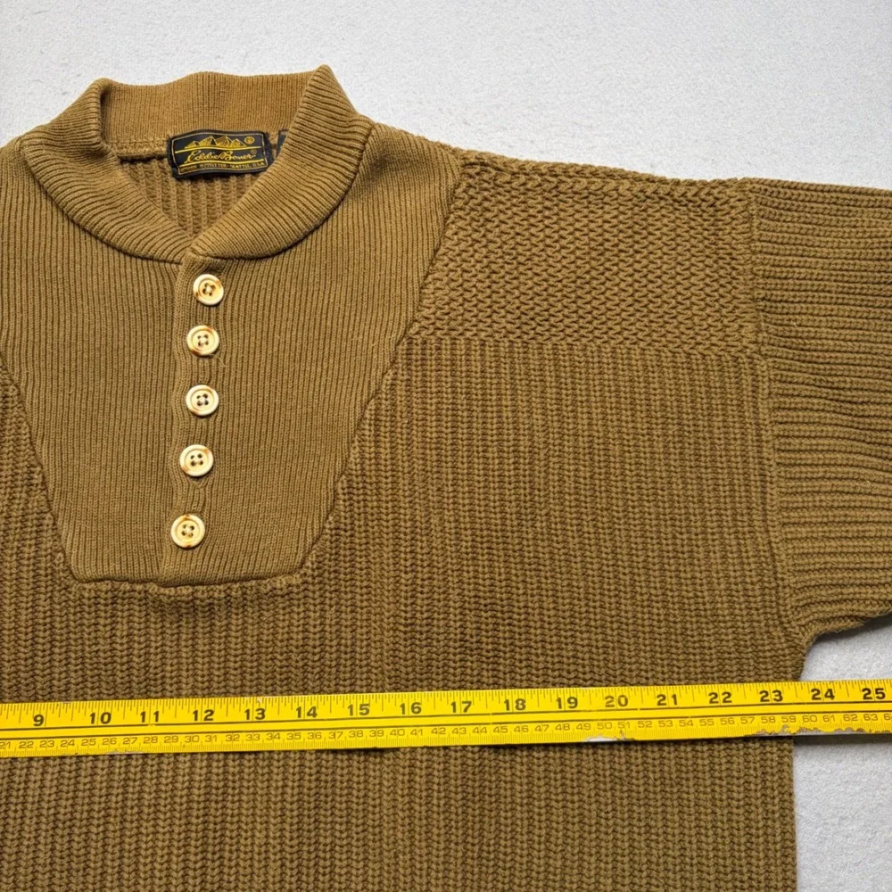Eddie Bauer Sweater Mens L Brown Vintage Henley Chunky Knit Cotton Shawl Collar